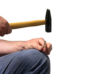 Image showing To bang with a hammer a nail in the knee