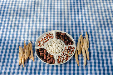 Image showing plate dried beans mix pod on checked tablecloth 