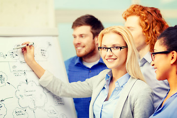 Image showing smiling businesswoman with team team on the back