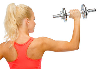 Image showing sporty woman with heavy steel dumbbell from back