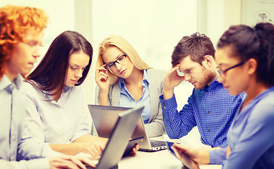 Image showing depressed team with laptop and table pc computers