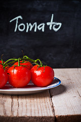 Image showing fresh tomatoes and blackboard 