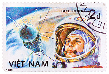 Image showing Postage stamp printed in Vietnam shows first spaceman Yuri Gagar