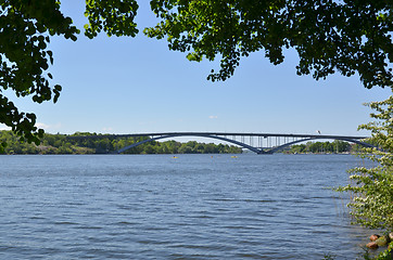 Image showing View at one of the many bridges in the green city of Stockholm -
