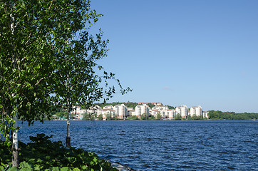 Image showing Stockholm - the green city. View at lake Malaren and a suburban 