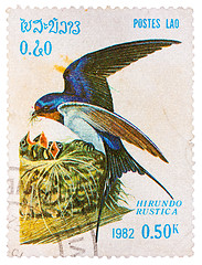 Image showing Stamp printed in LAOS shows Barn Swallow (Hirundo Rustica), from