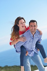 Image showing happy young romantic couple have fun relax