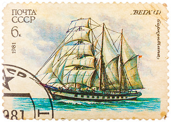 Image showing Stamp printed in former SOVIET UNION shows a Barquentine Vega, c