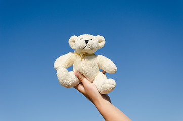 Image showing fluffy teddy bear in hand on blue sky background 