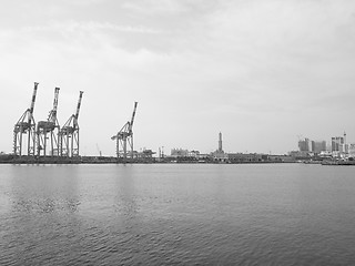 Image showing Black and white Porto Vecchio old harbour in Genoa