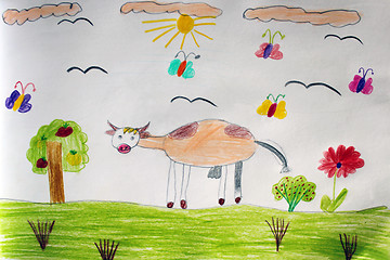 Image showing children's drawing of cow grazing on the pasture