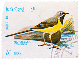 Image showing Stamp printed in LAOS shows Grey Wagtail (Motacilla cinerea)