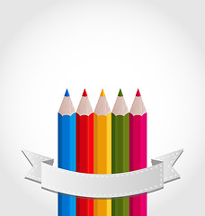 Image showing Colorful pencils with ribbon, on white background