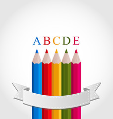 Image showing Colorful pencils with ribbon, on white background