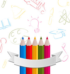 Image showing Colorful pencils with ribbon, on pictogram  background