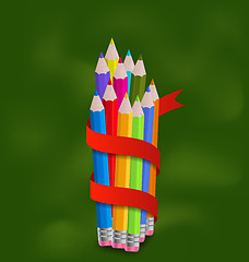 Image showing Set colorful pencils with ribbon