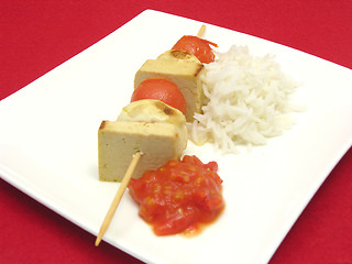 Image showing Vegetable spit with bean curd and rice on white plate