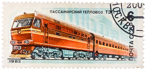 Image showing Stamp printed in USSR shows passenger locomotive TEP 75
