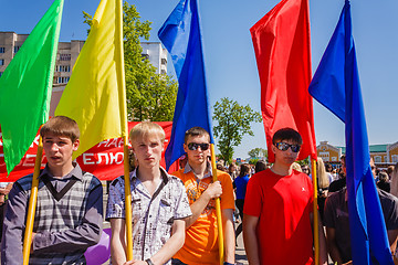 Image showing The youth from patriotic party BRSM holds flags on the celebrati