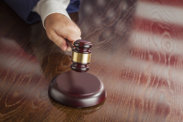 Image showing Judge Slams Gavel and American Flag Table Reflection