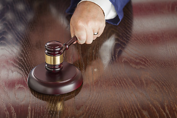 Image showing Judge Slams Gavel and American Flag Table Reflection