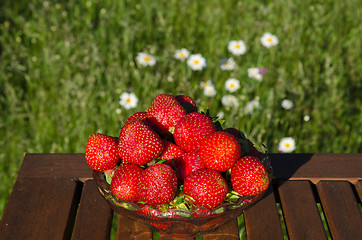 Image showing Strawberries with daises in background