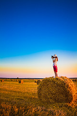 Image showing Beautiful Young Girl Woman In Dress Staying On Haystack