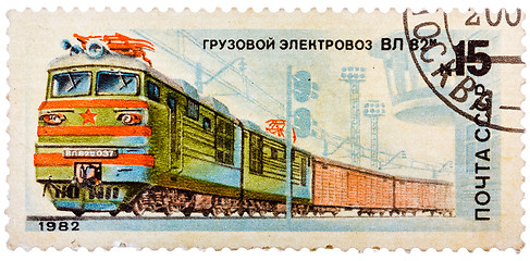 Image showing Stamp printed in the USSR (Russia) showing Locomotive with the i