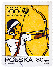 Image showing Stamp printed in POLAND shows Target archery Olympic Games in Mu