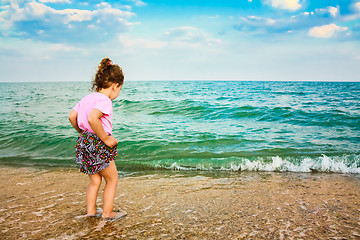 Image showing Child Running On Water At Ocean Beach.