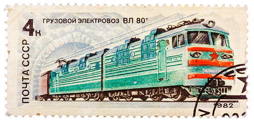 Image showing Stamp printed in the USSR (Russia) showing Locomotive with the i