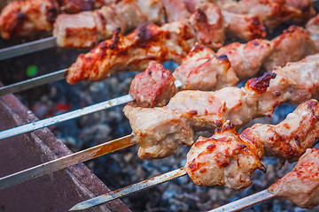 Image showing Shish Kebab In Process Of Cooking On Open Fire Outdoors