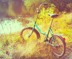 Image showing Little green bicycle standing on green summer meadow