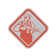 Image showing Metallic Soldier Serviceman Military Assault Rifle Shield Retro