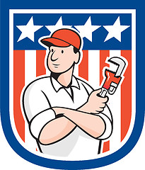 Image showing American Plumber Holding Monkey Wrench Cartoon