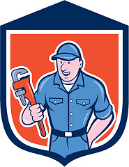 Image showing Plumber Holding Monkey Wrench Shield Cartoon