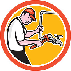 Image showing Plumber Monkey Wrench Pipe Circle Cartoon