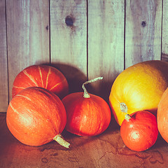 Image showing Pumpkins On Grunge Wooden Backdrop Background