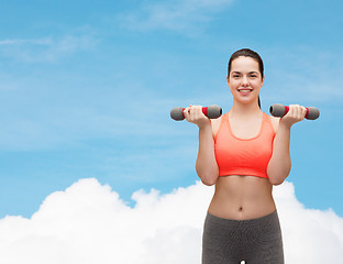 Image showing young sporty woman with light dumbbells