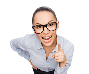Image showing smiling businesswoman with finger up