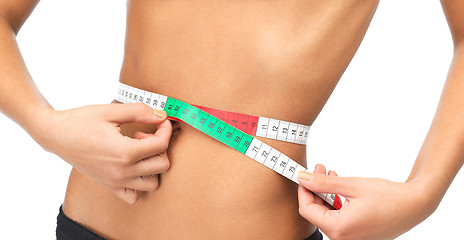 Image showing woman measuring her waist with measuring tape