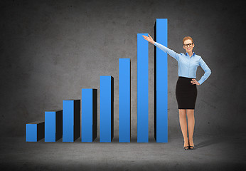 Image showing smiling businesswoman in glasses pointing her hand