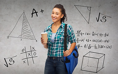 Image showing smiling student with bag and take away coffee cup