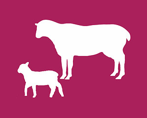 Image showing The black silhouettes of a sheep and a lamb on mauve