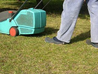 Image showing Cutout man with lawn mower doing his work