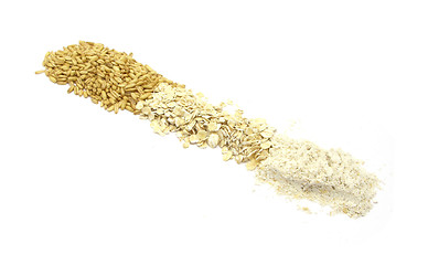 Image showing Oat as grain, oatflakes and oatmeal