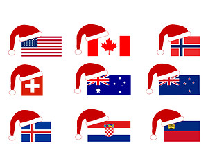 Image showing Flag of nine countries with Santa Claus cap