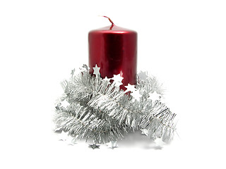 Image showing Red candle with christmas decoration