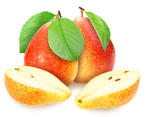 Image showing Fresh yellow-orange pears with green leaf