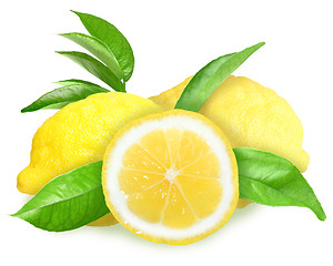 Image showing Fresh yellow lemons with green leaf